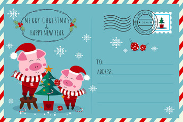 Merry christmas & happy new year postcard.Two santa claus piglets decorating christmas tree. © Orange_design