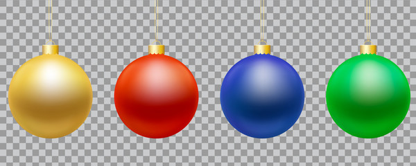 Set of realistic illustrations of christmas balls of gold, blue, green and red on golden string, isolated on transparent background