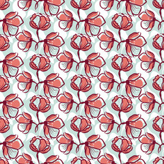 Hand drawn flower seamless vector pattern in rosy and blue colors.