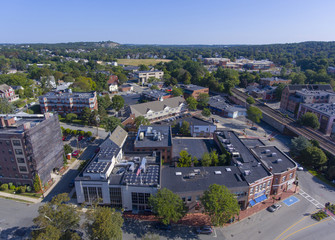 Aerial view of Winchester Center Historic District in downtown Winchester, Massachusetts, USA.