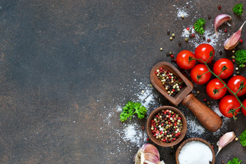 Ingredients for cooking. Spices and vegetables. Top view. Selection of spices herbs and vegetables