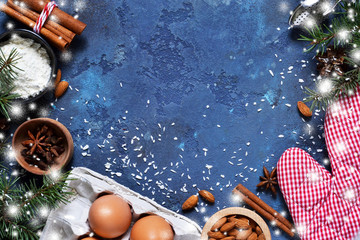 Christmas card with decorations for baking. Christmas background with space for text. Top view