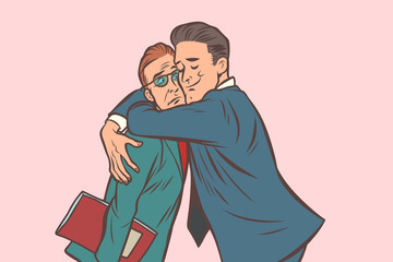Businessman hugs. A man embracing another. Support and care