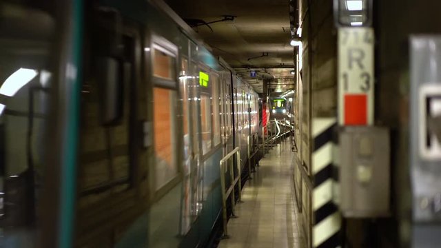 Train entering subway stop in Frankfurt Germany.
