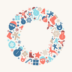 Concept of Christmas greeting card with wreath and decorations. Vector.
