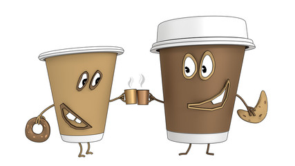 Two cups of coffee. Cartoon 3D render