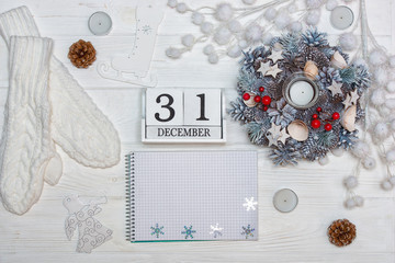 Christmas background.Xmas festive card.Top view.Notebook  for holiday greetings.New Year , holidays concept.