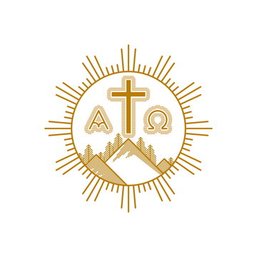 Church Logo. Christian Symbols. Mountains, The Cross Of Jesus Christ, Alpha And Omega.