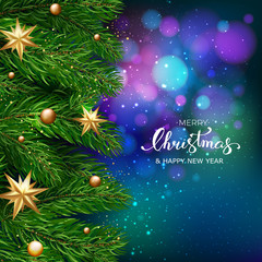 Holiday's Background with Season Wishes and Border of Realistic Looking Christmas Tree Branches With Gold Stars And Bubbles On Blue Bokeh Background. Vector illustration