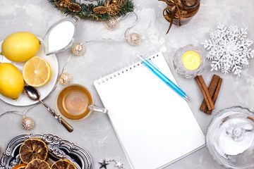  Blank paper Christmas card. copyspace of winter and Christmas concept. flat lay style. Christmas planning concept.