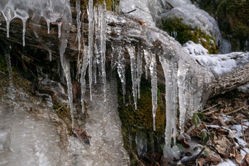 Icicles of an overfrozen spring dripping down a limestone cliff