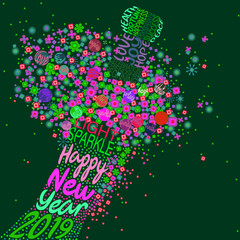 An abstract vector illustration of flowers popping from a typography champagne bottle with a fizz of splashed flora