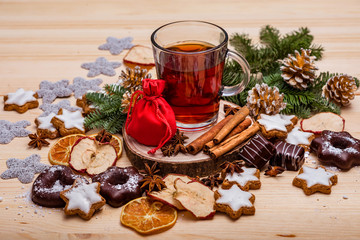 christmas new year, tea, biscuits, dried fruit, cinnamon