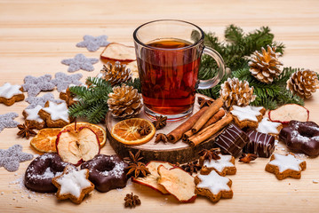 christmas new year, tea, biscuits, dried fruit, cinnamon