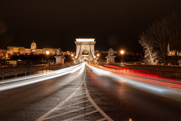 Fast moving traffic on the Lanchid Bridge in Budapest, Hungary