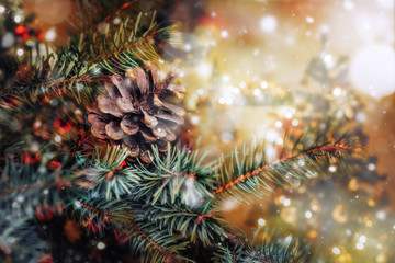 Christmas background - baubles and christmas tree. Holiday background