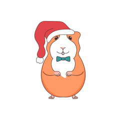 Hamster in a Christmas hat. Red cartoon hamster stands in a red cap on a white background. Vector illustration. 