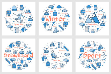 Six blue winter sport or enteirtaiment concepts
