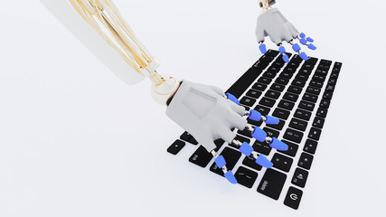 Robot hands on the frameless keyboard keys. 