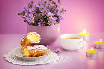 appetizing cakes on a lilac background