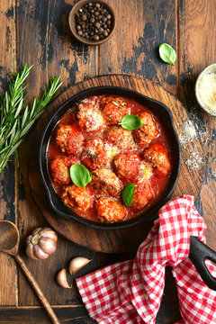 Meatball In A Tomato Sauce In A Skillet Pan.Top View With Copy Space.