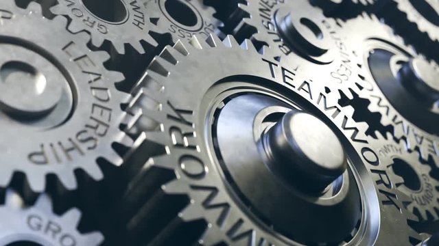 Closeup on working metallic gears with terms connected to the business.