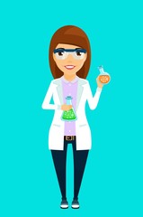 The concept of the scientist. A young girl scientist holding a test tube with chemicals. Flat style. Cartoon.