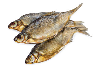 Three dried salted fishes isolated on a white background.
