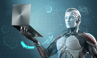 Robot holding laptop in right hand against digital virtual background