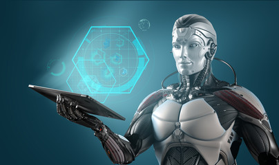 Robot holding laptop in right hand against digital virtual background