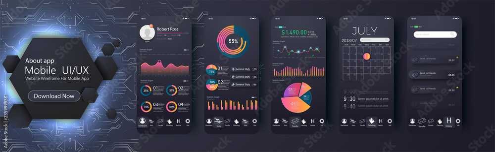 Leinwandbilder Mobile app infographic template with modern design weekly and annual statistics graphs. Pie charts, workflow, web design, UI elements. Easy to edit. Vector illustration EPS 10