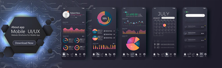 Mobile app infographic template with modern design weekly and annual statistics graphs. Pie charts, workflow, web design, UI elements. Easy to edit. Vector illustration EPS 10 - obrazy, fototapety, plakaty