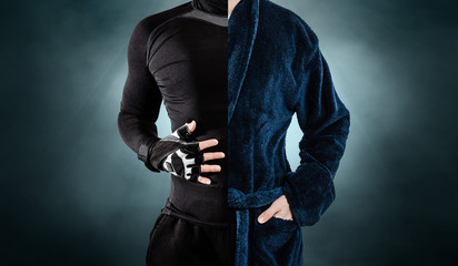 A man dressed in half in sports clothes and in a bathrobe on a blue, smoky background. The concept of practicing sports, playing sports instead of resting, resting after the gym.