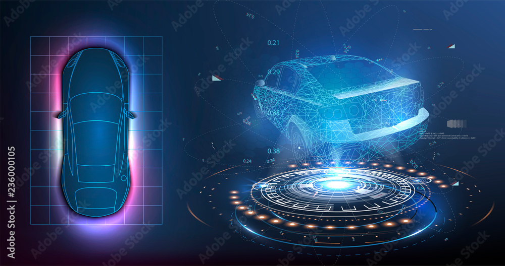 Fototapete HUD UI. Abstract virtual graphic touch user interface. Car service in the style of HUD .hologram of the car. Car projection.