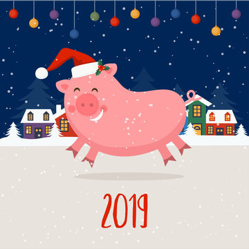 Merry Christmas and Happy New Year winter holidays greeting card with pig how symbol of year. Vector illustration