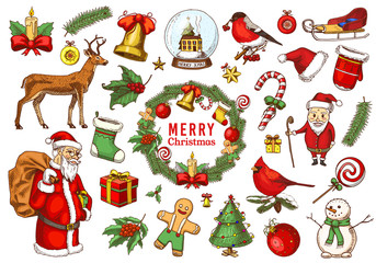 Set of Merry Christmas and New Year, xmas elements with animals and Santa Claus. engraved hand drawn in old sketch and vintage style. Vector illustration.