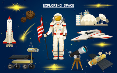 Astronaut in space. Spaceman explores the galaxy. Set of astronomical universe. cosmonaut explore adventure. Interplanetary travels in the world. telescope, robot and mars lunar rover.