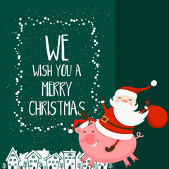 Merry Christmas and Happy New Year winter holidays greeting card with pig how symbol of year and Santa Claus. Vector illustration