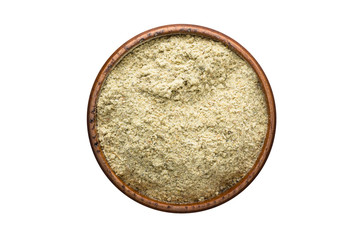 Blue Fenugreek Powder spice in wooden bowl, isolated on white background. Seasoning top view