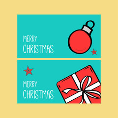 Christmas card. Merry christmas Gift card. Sale voucher, Gift Box. Web banner. Holiday present set.