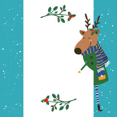 Merry Christmas and Happy New Year winter holidays greeting card with reindeer. Vector illustration