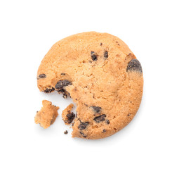 Bitten chocolate chip cookie on white background, top view