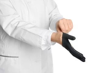 Foto op Plexiglas Doctor wearing medical glove on white background © New Africa