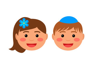 smiling faces of jewish children. the boy is wearing a kippa. flat vector illustration isolated on white background