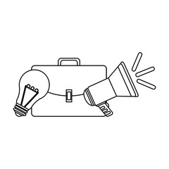 Briefcase with bullhorn and bulb light in black and white