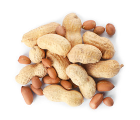 Raw peanuts on white background, top view. Healthy snack