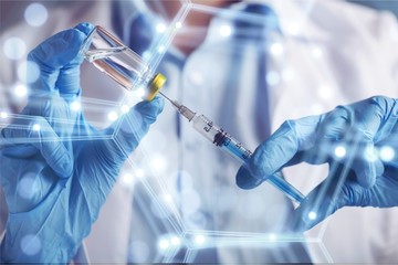 Injection vaccine baby flu antibiotic background blue