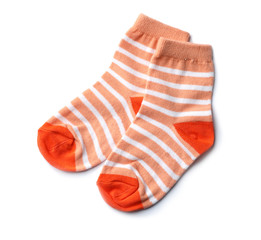 Cute child socks on white background, top view