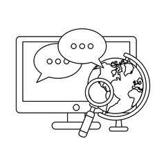 Chat around world with computer in black and white