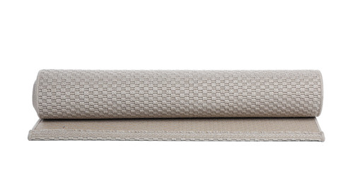 Rolled grey carpet on white background. Interior element
